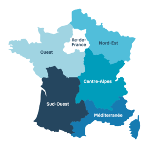 Les 6 directions régionales : Ouest, Sud-Ouest, Ile-de-France, Nord-Est, Centre-Alpes, Méditerranée